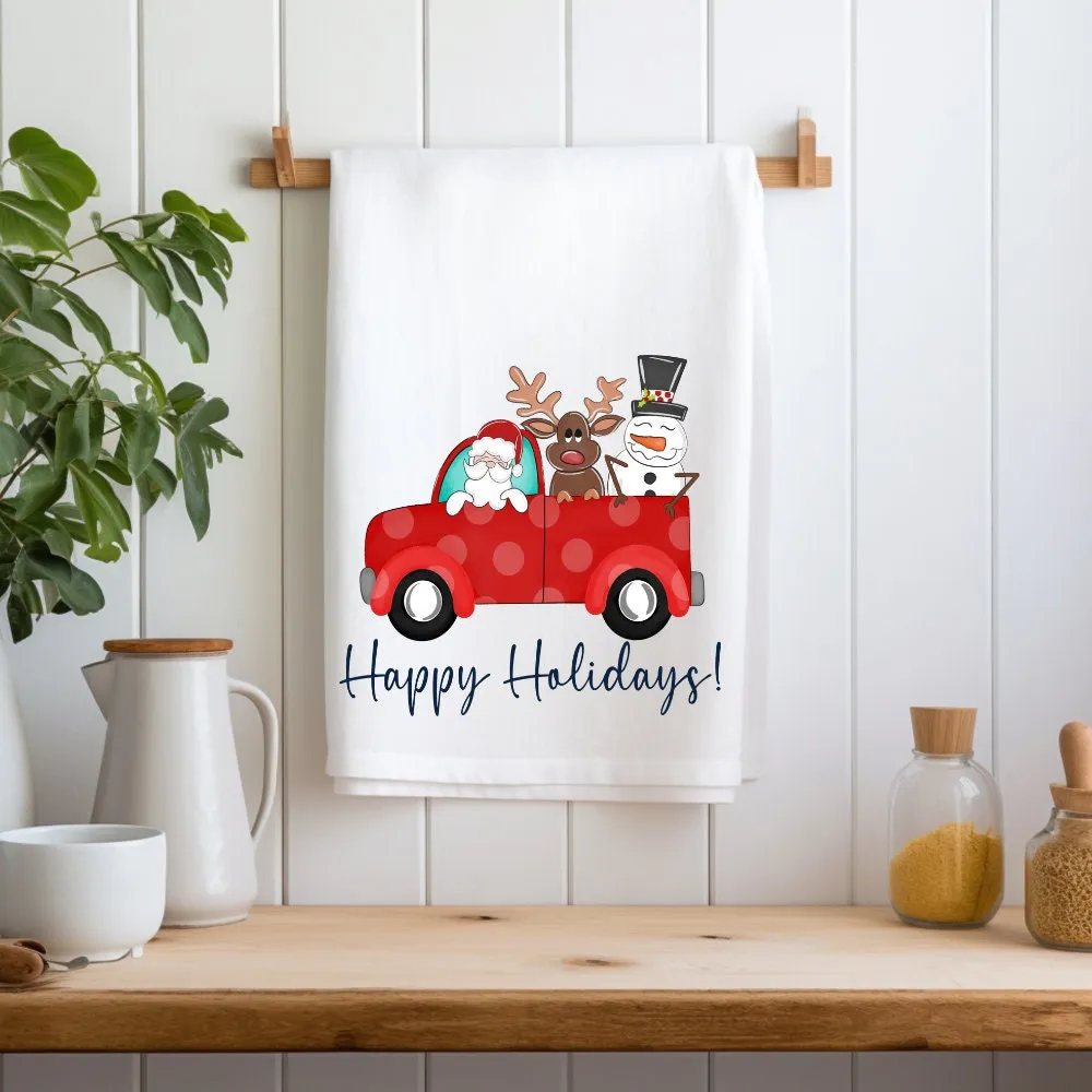 Santa and His Crew Truck Christmas Kitchen Dish Towel, Christmas Party, Teachers Gift, Hostess Gift, Housewarming Gift, Holiday Party