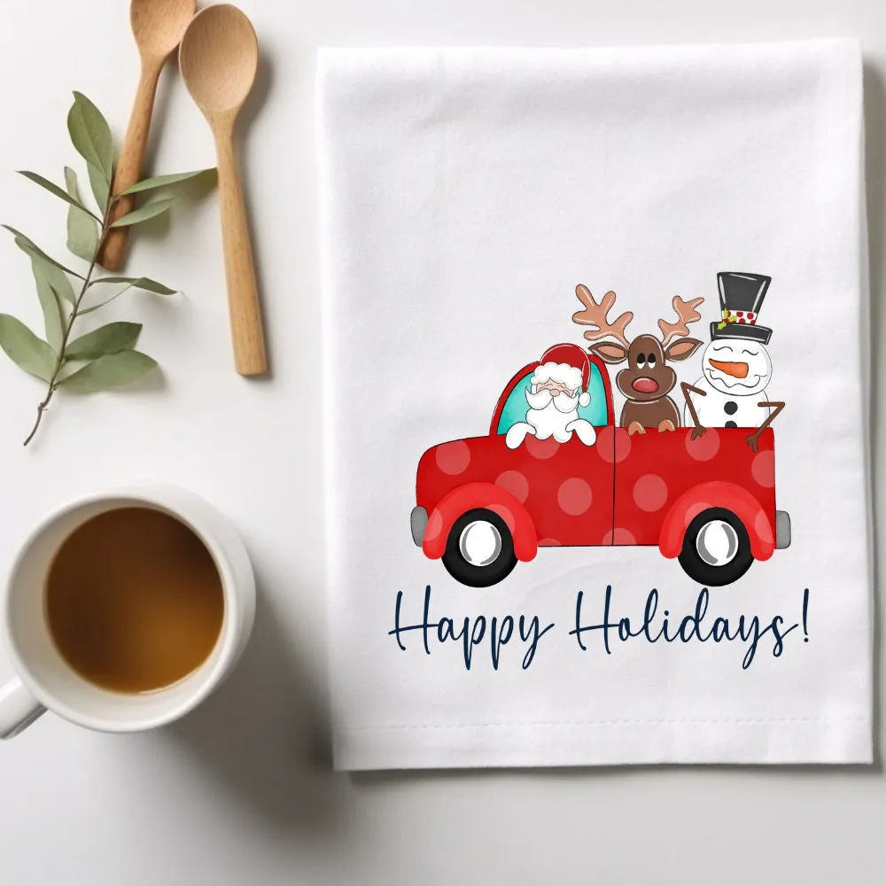 Santa and His Crew Truck Christmas Kitchen Dish Towel, Christmas Party, Teachers Gift, Hostess Gift, Housewarming Gift, Holiday Party