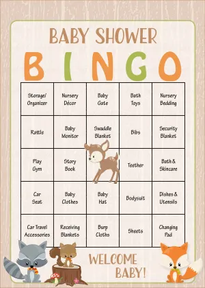 Woodland Baby Bingo Cards - PRINTABLE DOWNLOAD - Prefilled - Baby Shower Game - Forest Animals - B18002