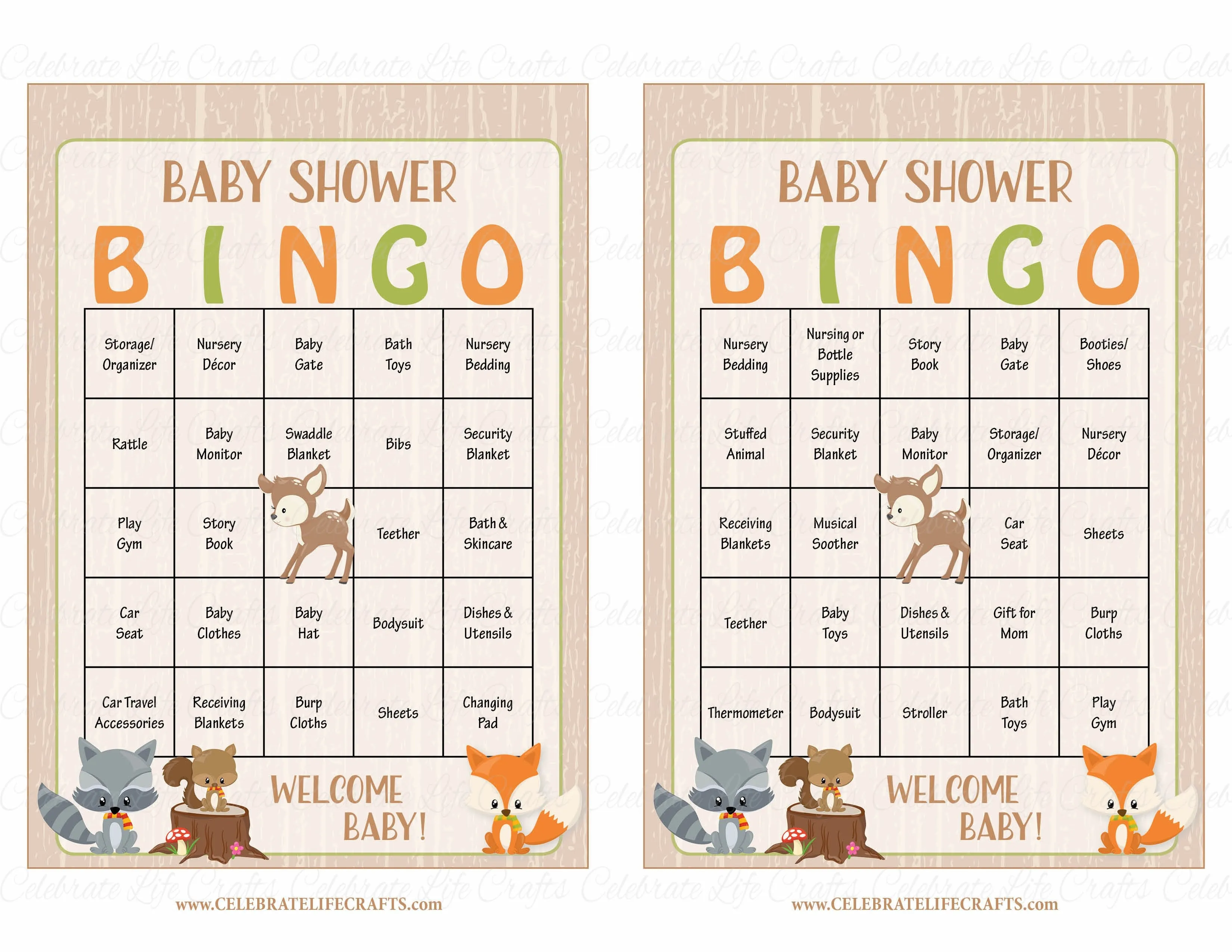 Woodland Baby Bingo Cards - PRINTABLE DOWNLOAD - Prefilled - Baby Shower Game - Forest Animals - B18002